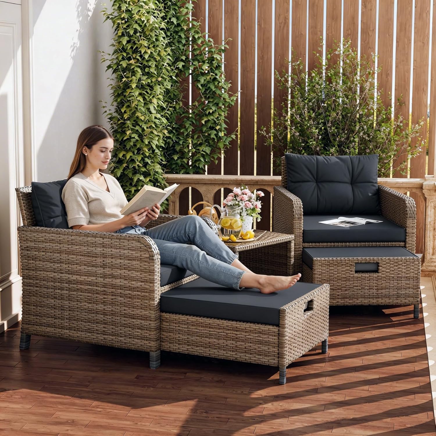 LHBcraft Balcony Furniture 5 Piece Patio Conversation Set, PE Wicker Rattan Outdoor Lounge Chairs with Soft Cushions 2 Ottoman&Glass Table for Porch, Lawn-Yellow Wicker