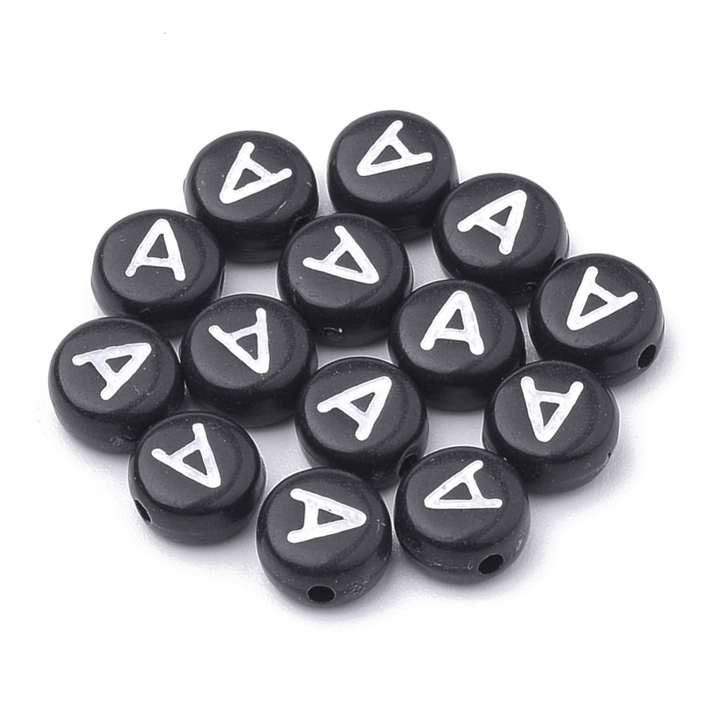 Opaque Acrylic Beads Horizontal Hole Alphabet Style Flat Round Letter.A 7x4mm Hole: 1.5mm about 3700pcs/500g