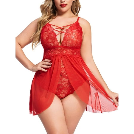 Avidlove Plus Size Lace Womens Lingerie High Waist Chemise Sleepwear Wedding Nightwear (Red Large)