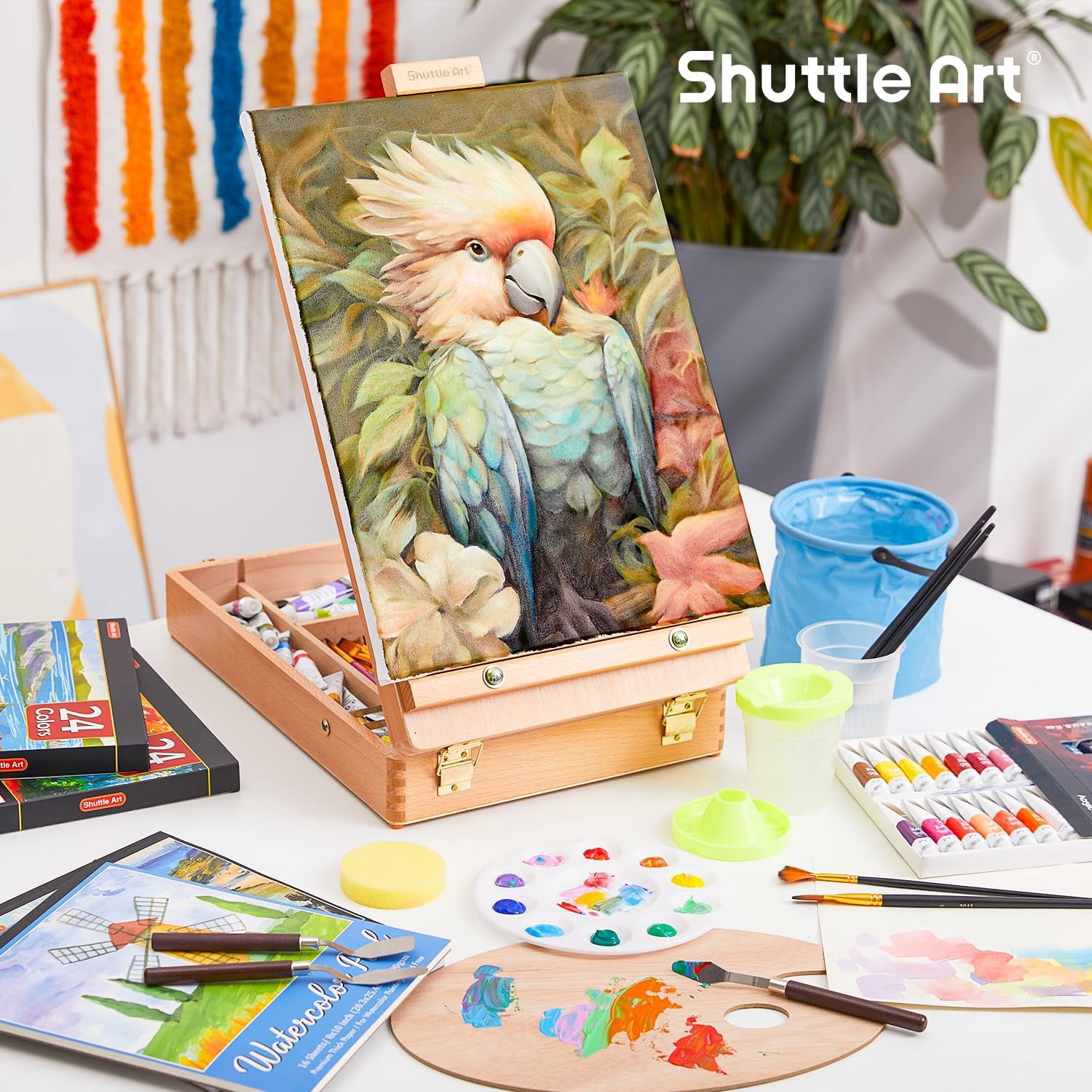 Shuttle Art 168 Pcs Artist Painting Set, Deluxe Art Set with Paint, Wooden Easel, Canvas, Paper Pads, Brushes and Other Art Supplies, Complete Painting Kit for Adults and Artists