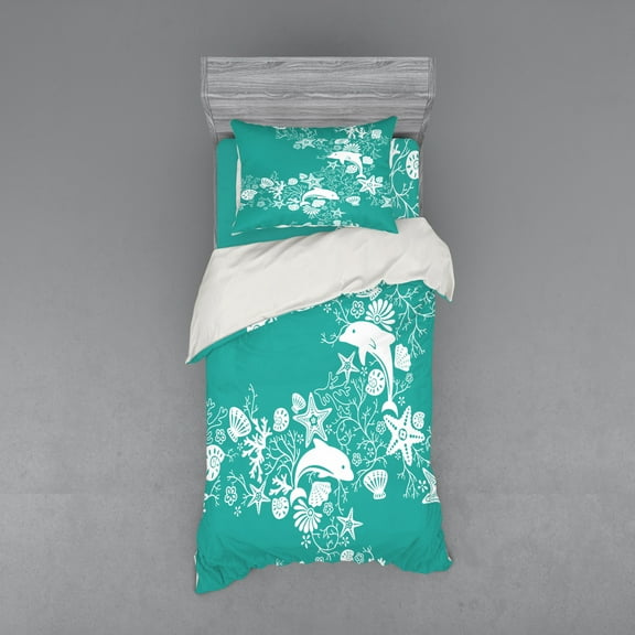 Ambesonne Fish Bedding Set 3 Pcs, Dolphins and Flowers, Twin XL, Sea Green White