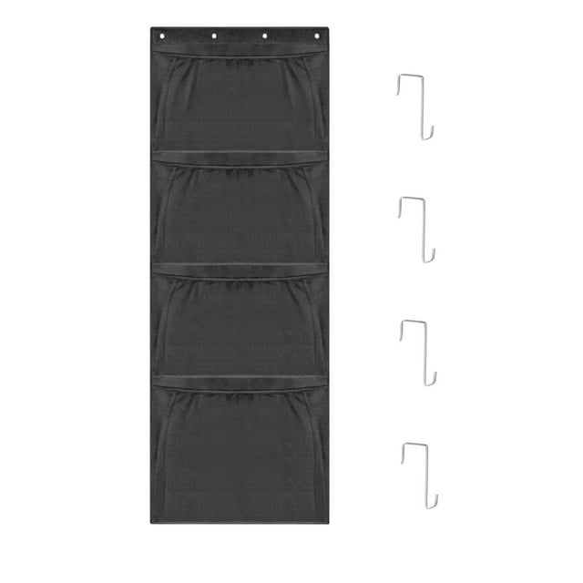 Black Hanging Over Door Organizer, Mesh Net Storage Pockets For Bedroom And Laundry Room, Oxford Cloth Material With 4 Hooks, 65X24In