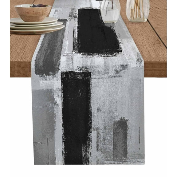 Table Runner Dresser Scarf 13 x 70 Inch Black Gray Paint Abstract Mottled Classic Art Table Runners Non-Slip Heat Resistant Kitchen Dining Table Decor for Indoor Outdoor Home Party Decoration