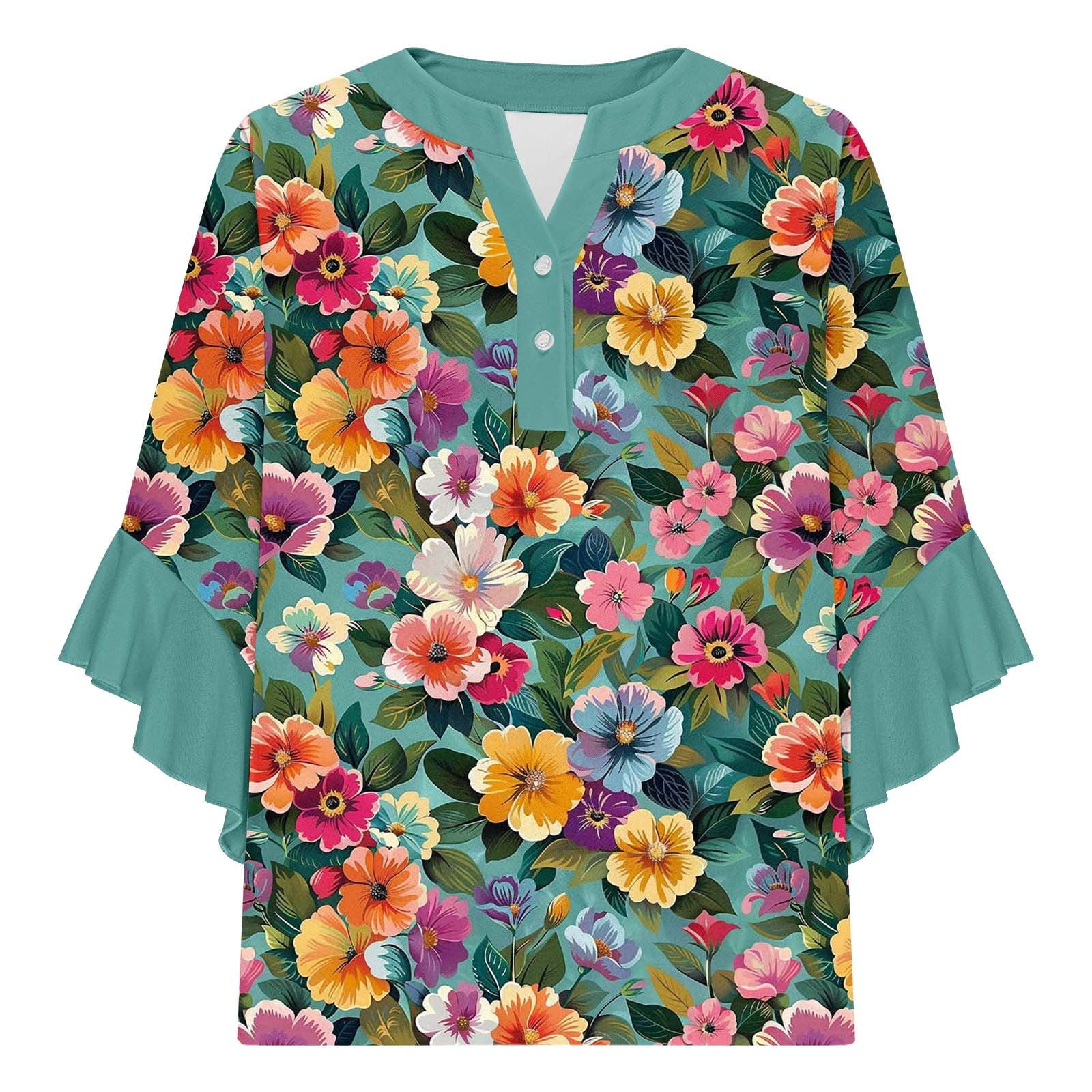 Women Boho Floral Print Blouses with 3/4 Flowy Ruffle Sleeves V Neck Half Button Down Shirt for Summer Beach Vacations