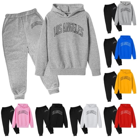 Krdevn Boys 2 Piece Fall Winter Outfit Front and Los Angeles Outline Print Hoodie and Jogger Pants Sweatsuit Set 11-12 Years Grey