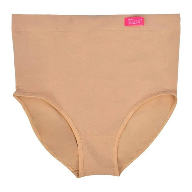 pantaleta body siluette para mujer, completa beige talla m de Body Siluette; vista frontal centrada de pantaleta talle alto color beige, prenda sin costuras visibles con elástico ancho en la cintura y corte clásico en piernas, etiqueta rosa de la marca en el borde superior sobre fondo blanco. Adecuada para uso diario y suele usarse bajo vestidos, faldas o pantalones.