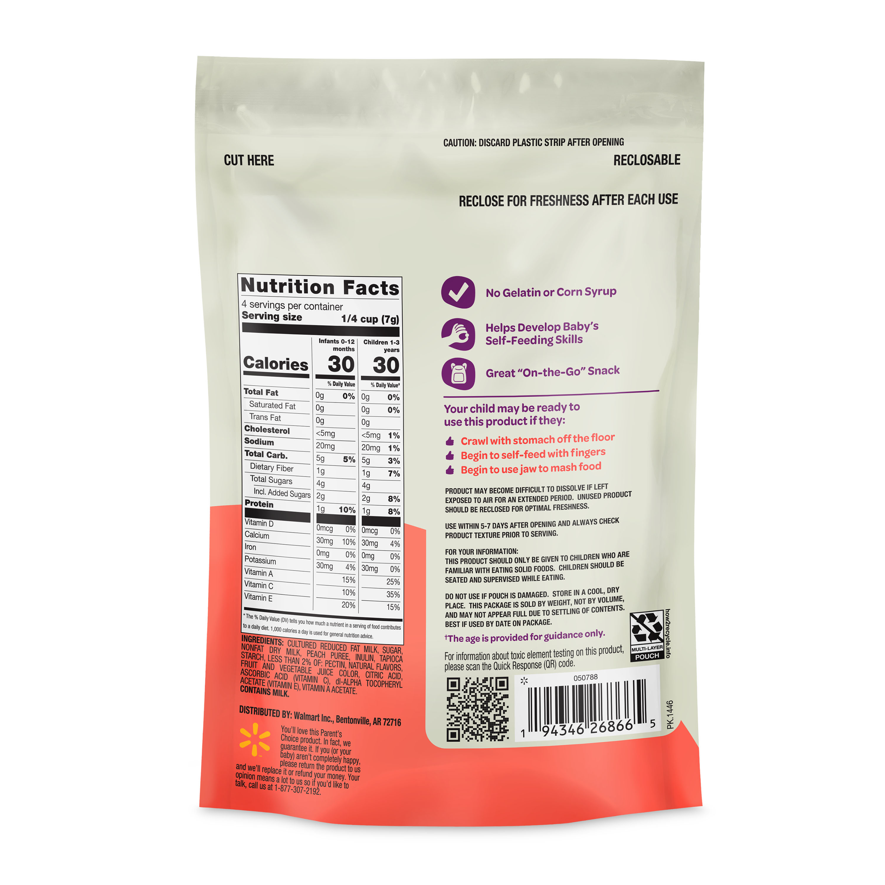 Snack de Yogurt para Niños Pequeños Etapa 3 de Parent's Choice, Durazno, Bolsa de 1 oz 6