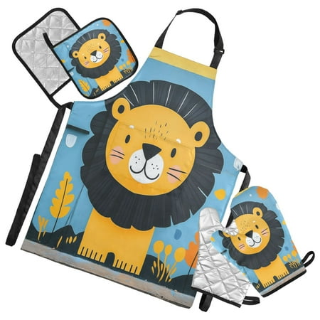 

5-Piece Kitchen Apron Set with Heat-Resistant Gloves & Insulation Mats for Cooking Baking BBQ A Cartoon Lion