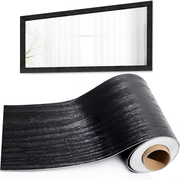 NOGIS 5.5 Yard Black Wood Grain Wallpaper Border Removable Plastic Waterproof Border, Peel and Paste Bathroom Mirror Frame Border Sticker Wall Decor 3.93'' x 196''
