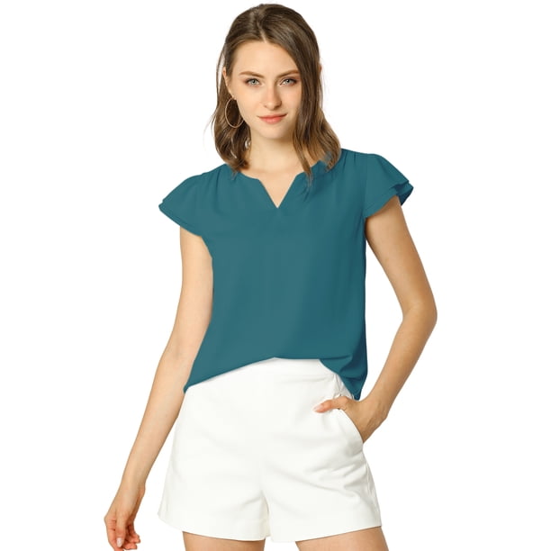 Camiseta Manga Tulipán Cuello En V Básico Para Mujer Azul eléctrico XL Allegra K