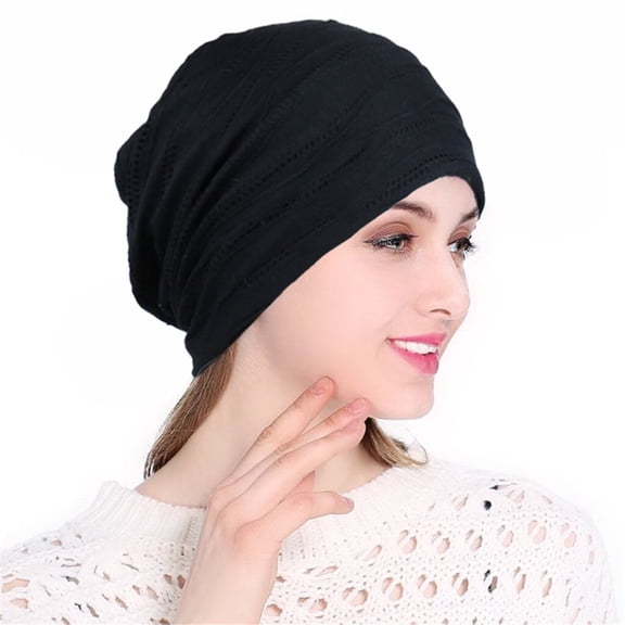 DOPI Women Cap Women Soild India Hollow Stretch Turban Hat knitt Hair Loss Head Scarf Wrap Black Free size