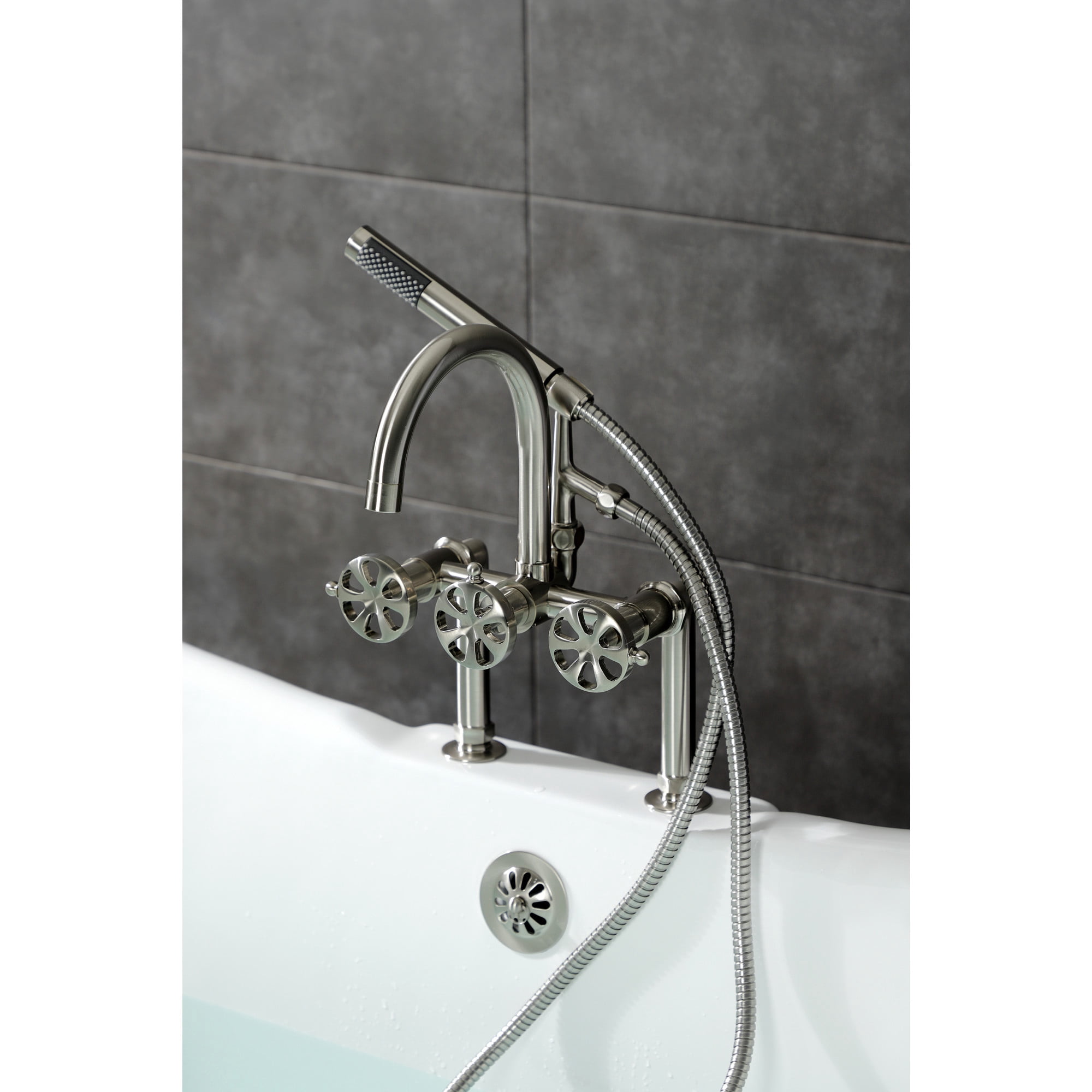 Kingston Brass AE8108RX Belknap Three-Handle 2-Hole Deck-Mount Clawfoot Tub Faucet with Hand Shower in Brushed Nickel