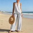 thumbnail image 5 of Gifts Dianli Two Piece Sets for Women Linen Two Piece Outfit Plaid Pattern V Neck Top and Wide Leg Pants Matching Linen Sets for Women Summer Vacation Travel and Casual Daily Wear Gray S, 5 of 7
