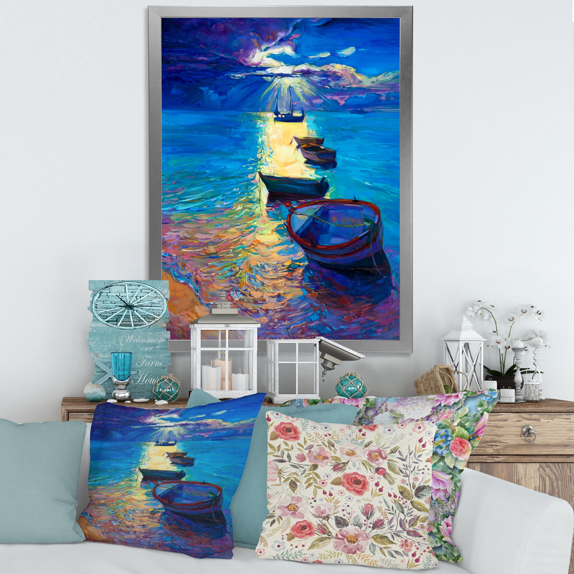 Designart 'Fishing Boats On The Water With Dark Blue Sky Illustration' Lake House Framed Art Print