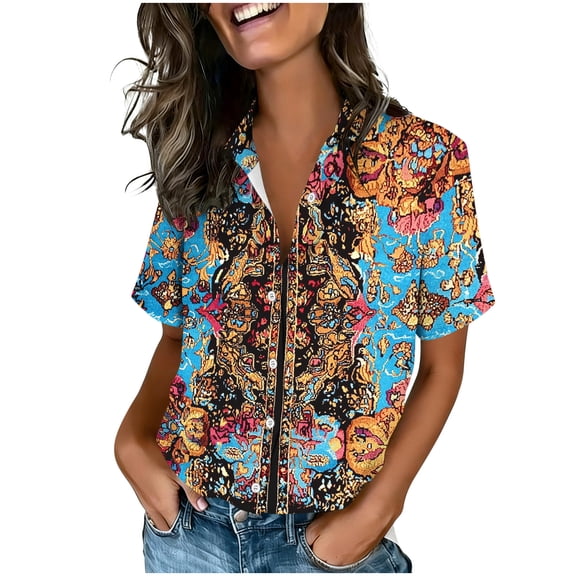 Tnhcen Women's Casual Loose Fit Short Sleeve Button Up Shirt with Random Color Block Print, Retro Boho Style Collared Top in Sizes S-2XL