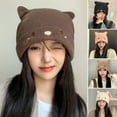 thumbnail image 3 of dianhelloya Warm hat Knitted Hat Cute Cat Ears Embroidery Face Slouchy Soft Cold Resistant Cozy Autumn Winter Women Beanie Cap for Outdoor Beige, 3 of 7