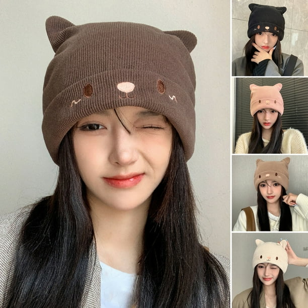 Mightlink Embroidered Face and Cat Ears Knitted Beanie, Cozy  display picture 1