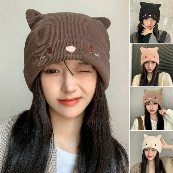 Yirtree Women Men Girls Boys Teens Cute Cat Ear Knit Cable Rib Hat Cap Beanie Slouchy Soft Cold Resistant Cozy Autumn Winter Women Beanie Cap for Outdoor