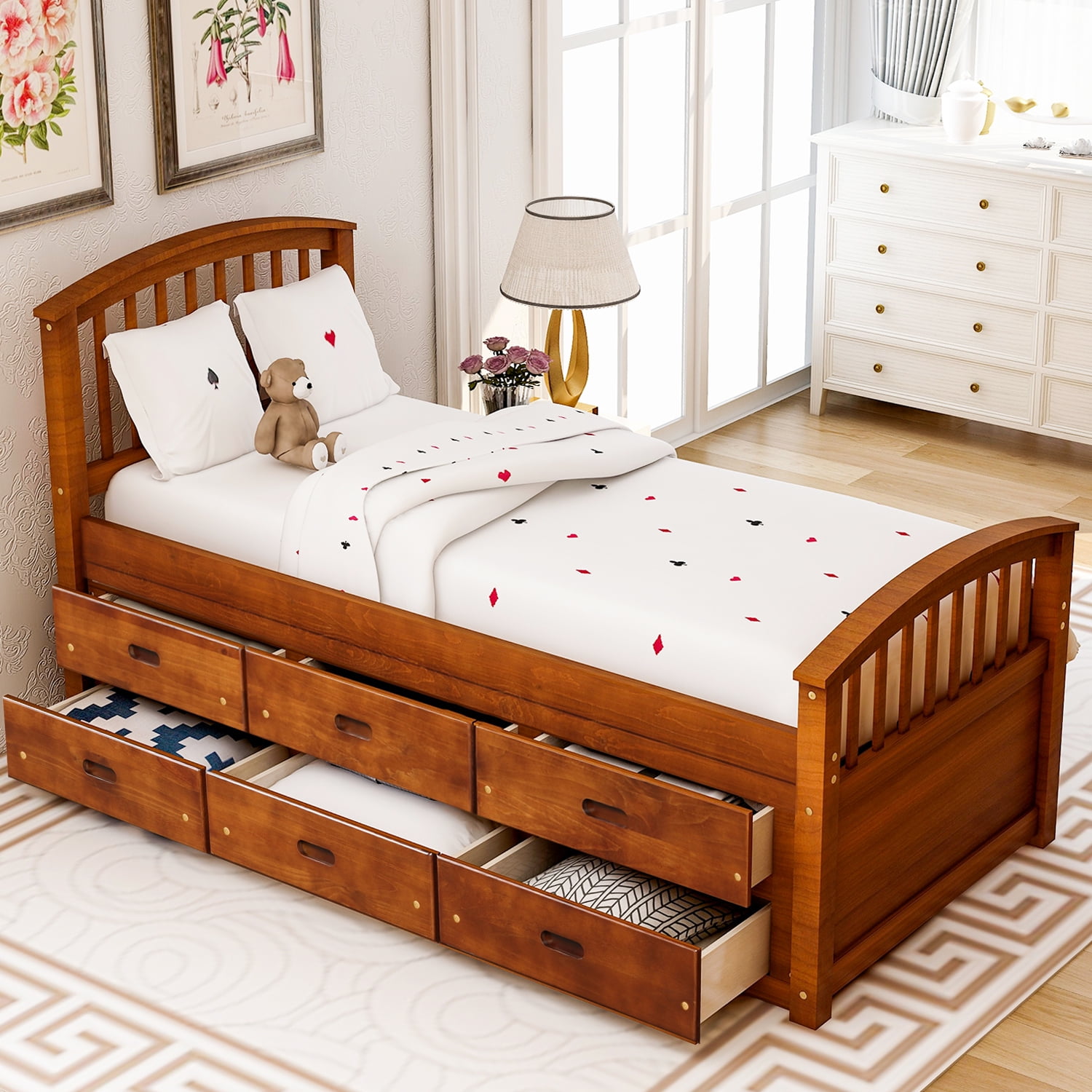 Twin Size Platform Storage Bed Wood Platform Bed with 6 Drawers, Captains Bed Bedroom Furniture with 6 Drawers,Walnut