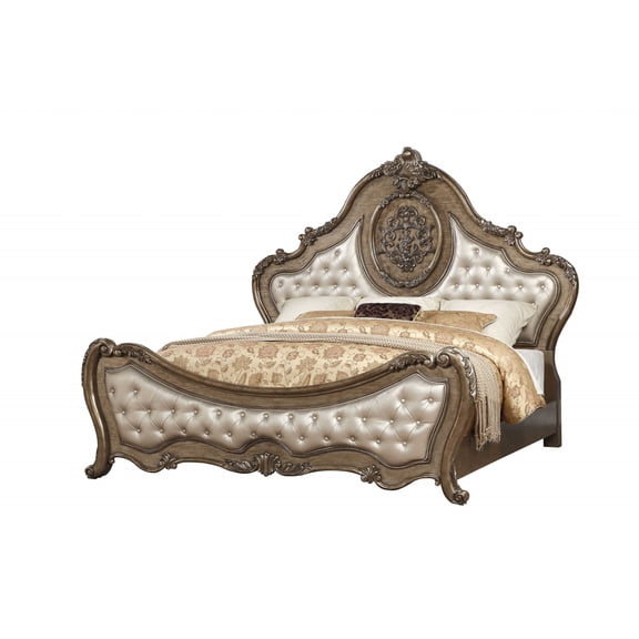 73" X 89" X 76" PU Vintage Oak Wood Upholstery Queen Bed