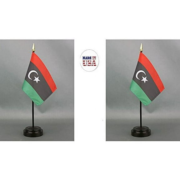 Libya Desk Flag Set; Two 4x6 inch American Made Table Flags with Two Bases