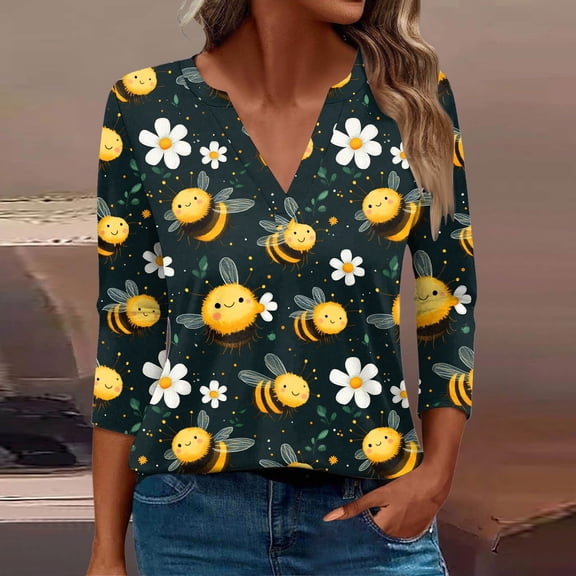 Lorytime Womens 3/4 Sleeve Shirts Plus Size Tunic Cotton Bee Festival Tops Casual V Neck Shirts Funny Honey Bee Print T Shirts 2025 Trendy Spring Summer Ladies Tops Loose Fit Outfits Pullover XL