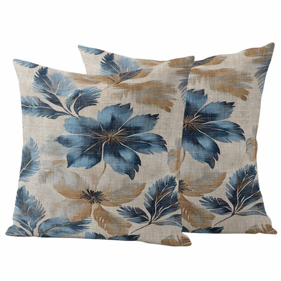 Blue Brown Botanical Outdoor Waterproof Pillow Covers, Elegant Summer Flowers Vintage Decorative Square Throw Pillowcase Sofa Cushion Sham for Patio/Couch/Chair, 24"x24" 2 Pack