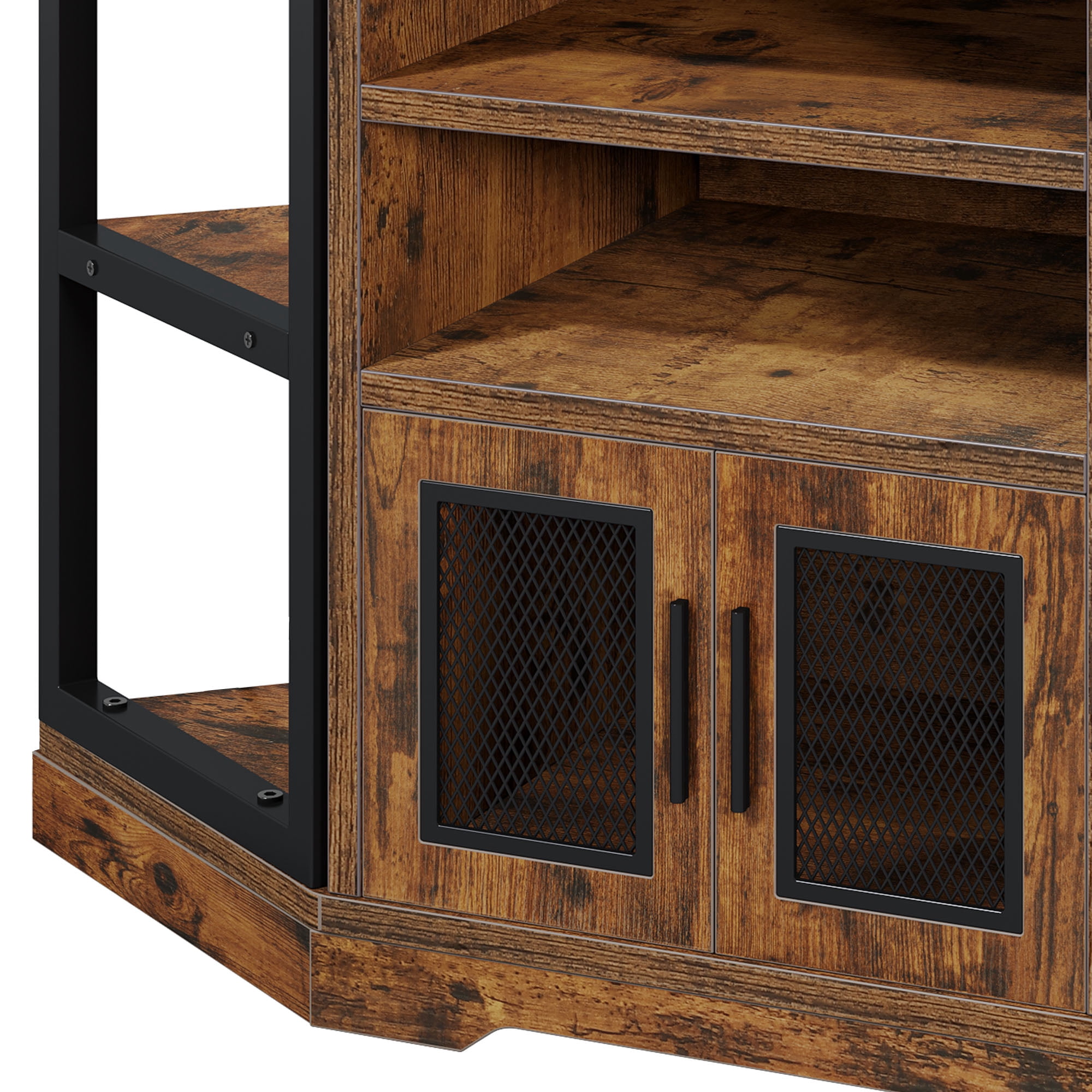 Uforic Modern Corner TV Stand with Adjustable Layer Board, Double Door Mesh Cabinet & 96-Hole Metal Handle, with 2 Outlets 2 USB Ports Power Socket,Brown