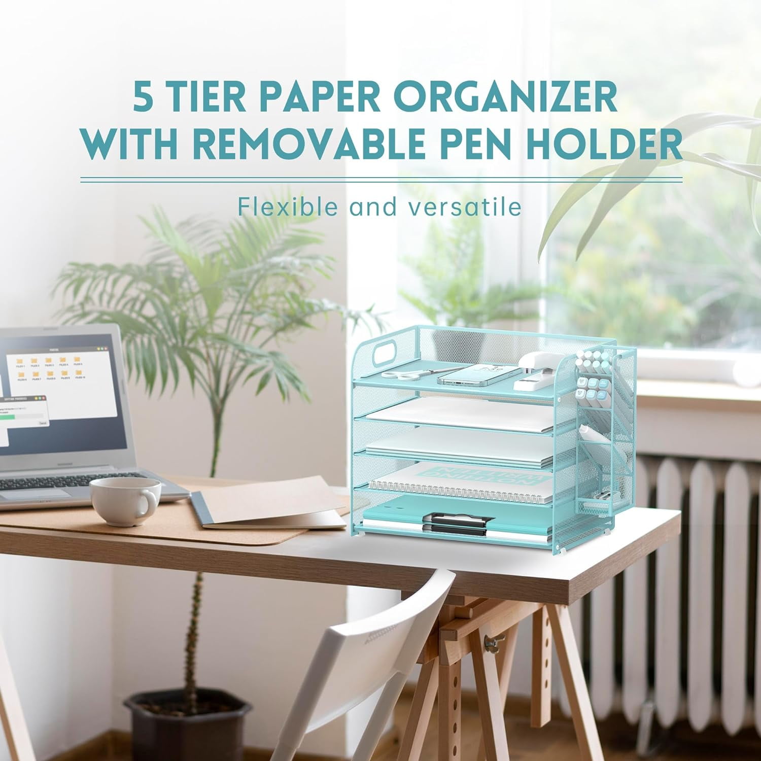 INTIGE 5 Tier Metal Mesh Desk File Organizer with Handle and Pen Holders, Blue, 1 Piece