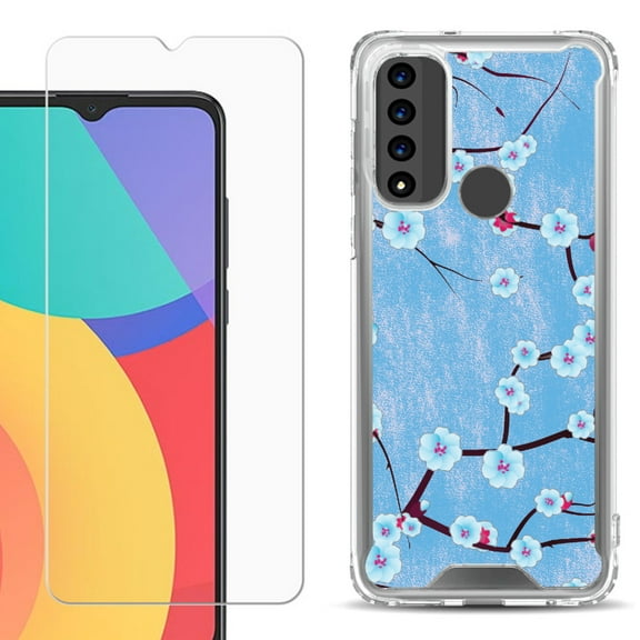 Shockproof Bumper Phone Case for TCL 20 XE, with Tempered Glass Screen Protector, by OneToughShield ® - Blossom Sky