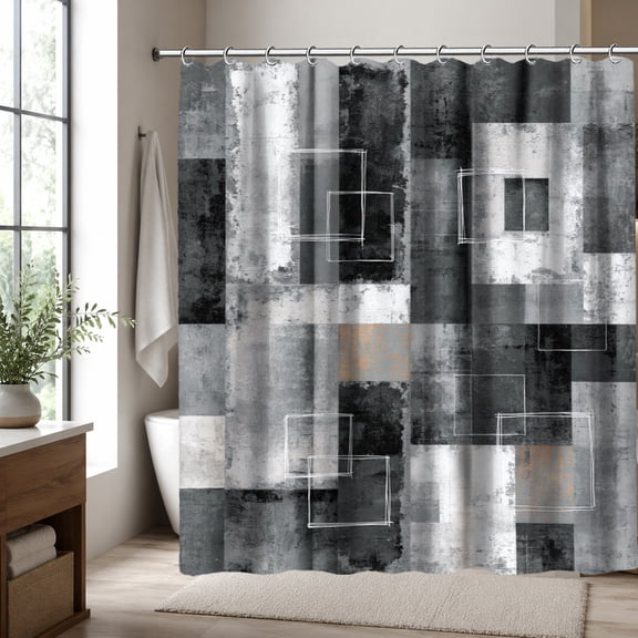 Modern Abstract Shower Curtain, Black Gray Geometric Bathroom Decor Curtain with Square Pattern, Contemporary Minimalist Style, 70.87 x 70.87 Inch