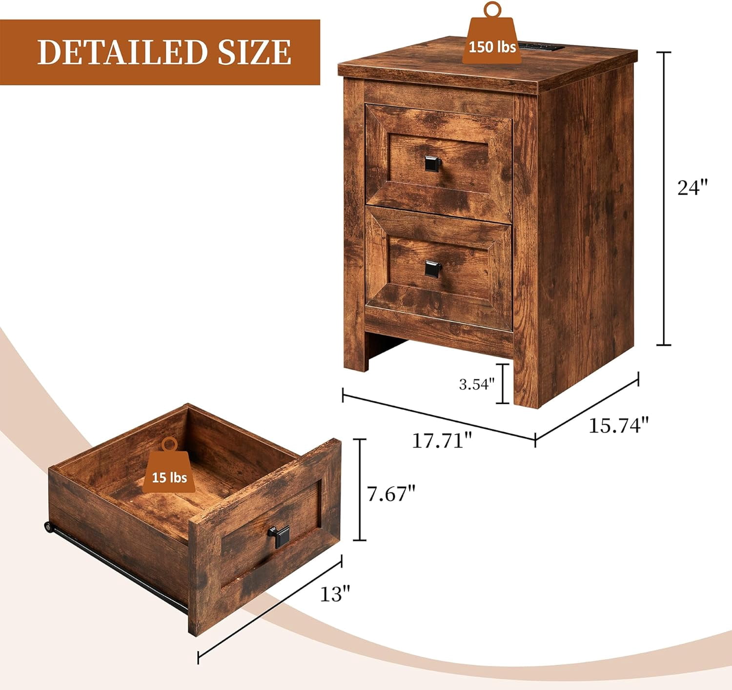 Merluxy Sturdy Nightstand Set of 2 with Charging Station, Farmhouse Wood Bedside Table Rustic Brown