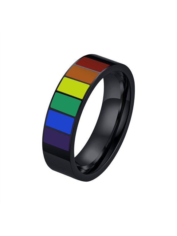 Rainbow Rings for Women Men LGBTQ Enamel Pride Colorful Band Stainless Steel Couple Simple Symbol Stackable Statement Personalized Gift Jewelry Black 10