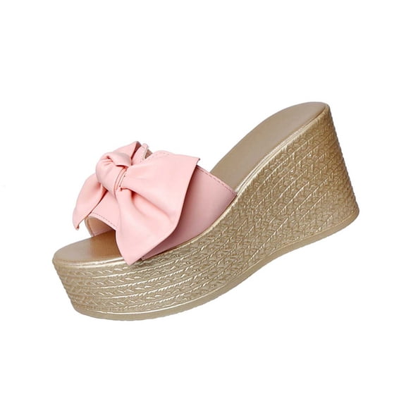 HomeDM Wedge Platform Sandals for Women Open Toe Slip-On Casual Summer Beach Vacation Sandals, Pink Size 7.5