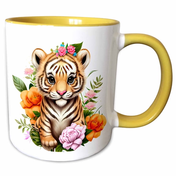 3drose, Pretty Tiger Cub with Flowers Illustration, 15oz Two-tone Yellow Mug