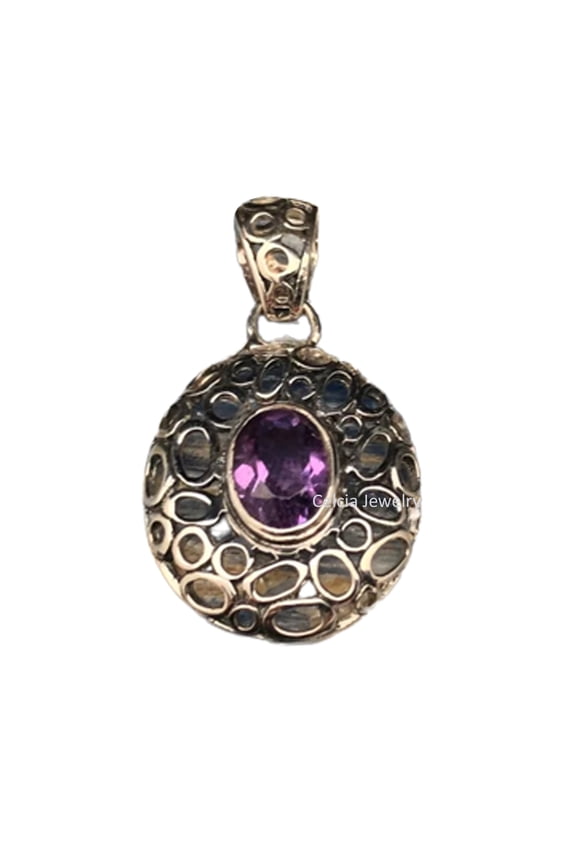 Real 925 Sterling Silver Pendant For Men Women, Genuine Purple Amethyst Faceted Oval Gemstone Unique Handcrafted February Birthstone Gift