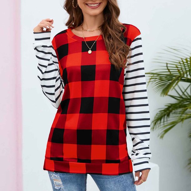 Pntutb Mujer Moda Casual Manga Larga Cómodo Lattice Stripe Sudadera tops Blusa Pntutb Pntutb-3789