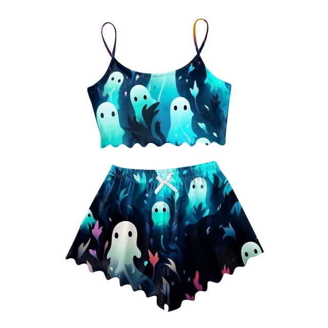 asddcavvf Ensembles de Pyjama pour Femmes 2 Pcs Imprimé Dessin Animé Halloween Ensemble de Shorts de Pyjama