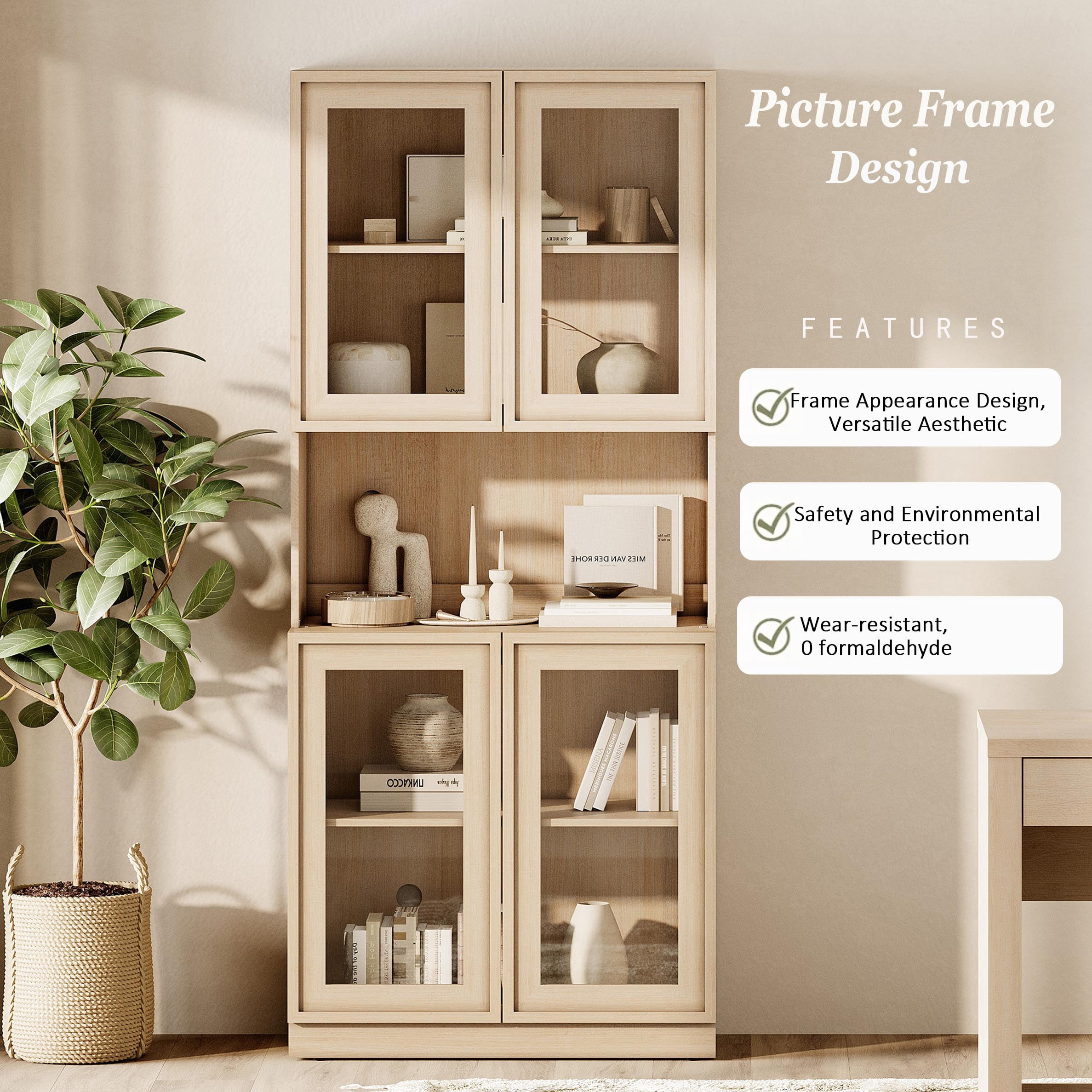 72" Tall Modern Sideboard Buffet Cabinet, Glass Door Storage Cabinet with Adjustable Shelves, Layered Wood Console Cabinet for Dining Room,Living Room, Entryway,Beige