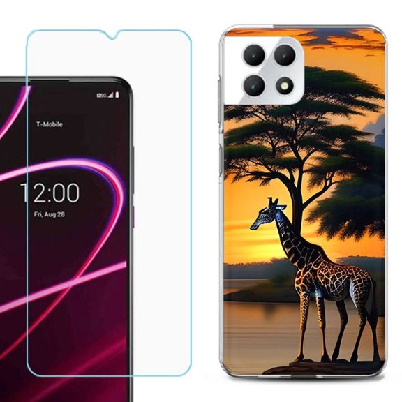 Phone Case for T-Mobile Revvl 7 5G, Shockproof Case Cover with Tempered Glass Screen Protector, by OneToughShield - Giraffe Sunset