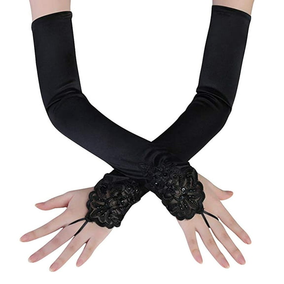 Clearance! Baberdicy Fingerless Rhinestone Long Gloves Wedding Party Bridal Fashion Paragraph Lace Gloves Black