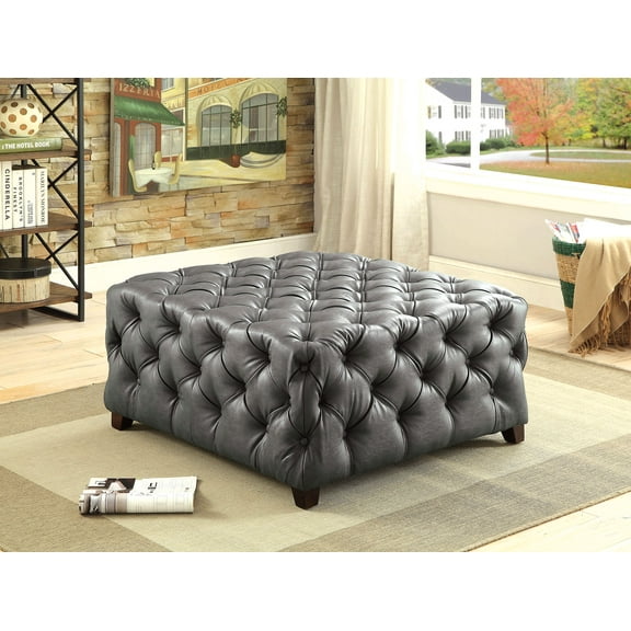 Furniture Of America Regina Tufted Gray Bonded Leather Match UPH Square Ottoman
