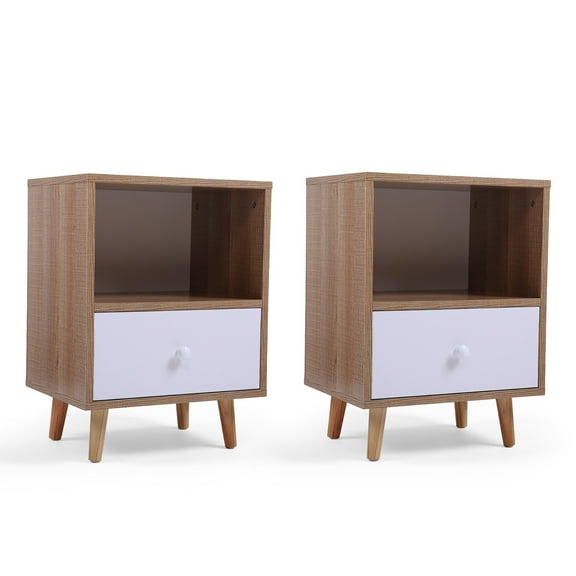 Resenkos Set of 2 Mid Century Bedside Table, Nightstand with Drawer and Shelf Storage, Side Accent Table for Living Room Bedroom, Natural, Night Stand