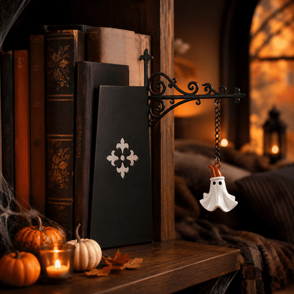 Halloween Ghost Bookend, 7.87-Inch Black Iron Bookshelf Holder with Hanging Ghost Charm for Gothic Library, Study Desk, Reading Corner and Home Decor