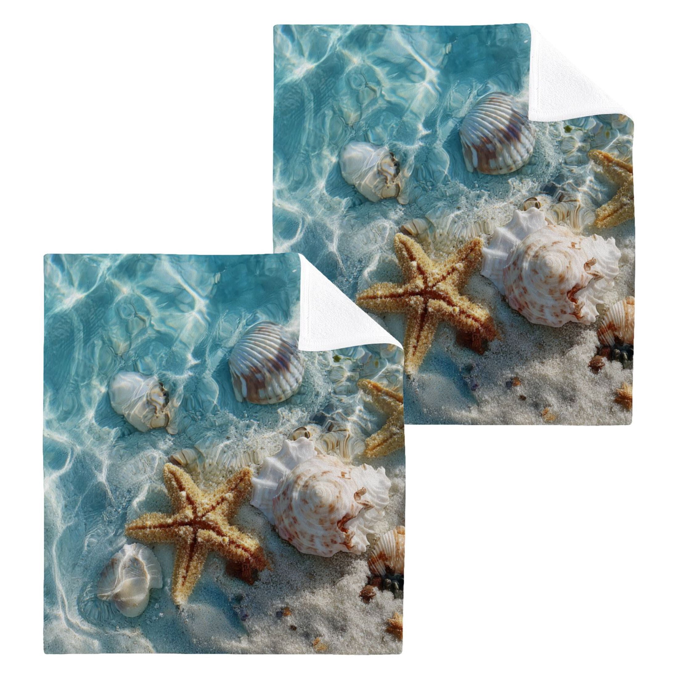 Starfish Seashell on Beach 100% Cotton Face Towel 12x12in Soft Absorbent Washcloth Durable Printed Hand Towels for Bathroom Travel 6 Pcs