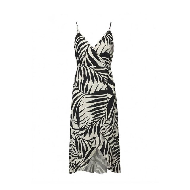 Ropa Playa Ocean Pacific para Mujer Vestido Largo Olanes Cuello V Sin Manga Elastico Hojas Negro Talla EG