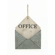 PARIS LOFT Whitewashed Wood and Galvanized Metal Office Sign, Wall Mail Holder with Jute Hanger