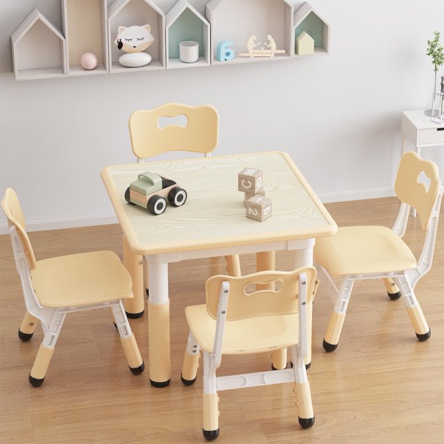 EDTara Kids Table and 4 Chairs Set with Graffiti Desktop, Height Adjustable Toddler Table and Chair Set with Storage Box & Non-Slip Legs, Perfect for Classroom, Kindergarten, Kids Room