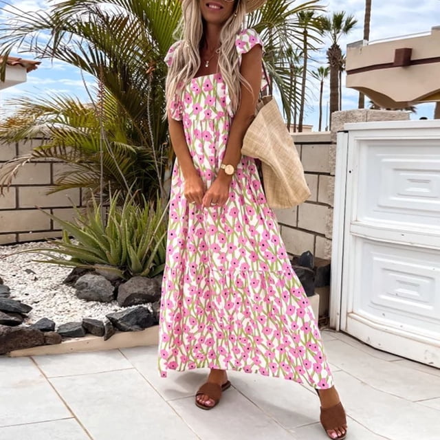 Lenago Robes Formelles Grande Taille pour Femmes Mode Été Décontracté Imprimé Col Carré Sans Manches Robe Longue Ample Robes de Plage en Solde