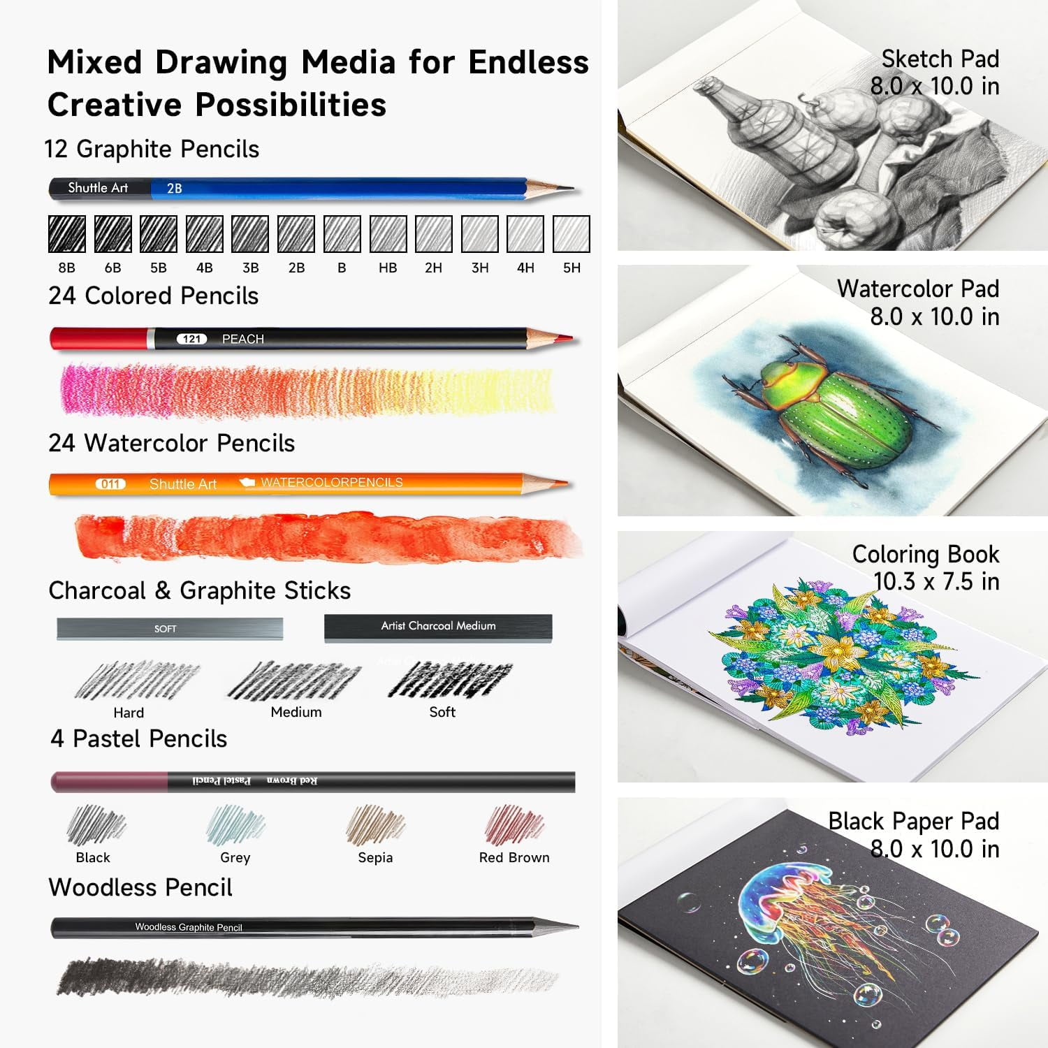 Shuttle Art 116 PCS Drawing Kit, Professional Drawing Supplies with Sketch, Charcoal, Colored, Graphite, Pastel Pencils & Sticks, Complete Drawing Tools and Paper Pads in Zipper Case